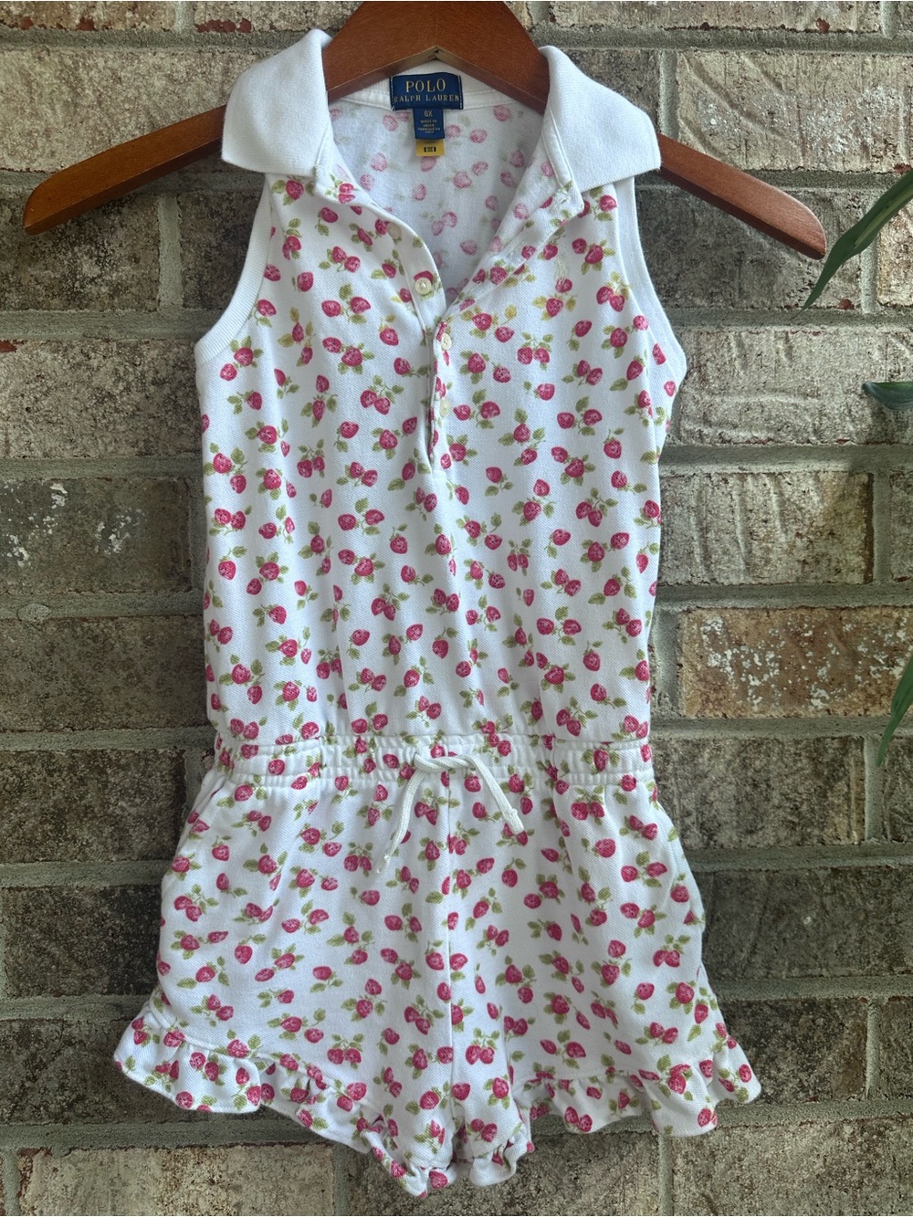 Girls Polo Ralph Lauren White Strawberry Print Collared Romper size 6x